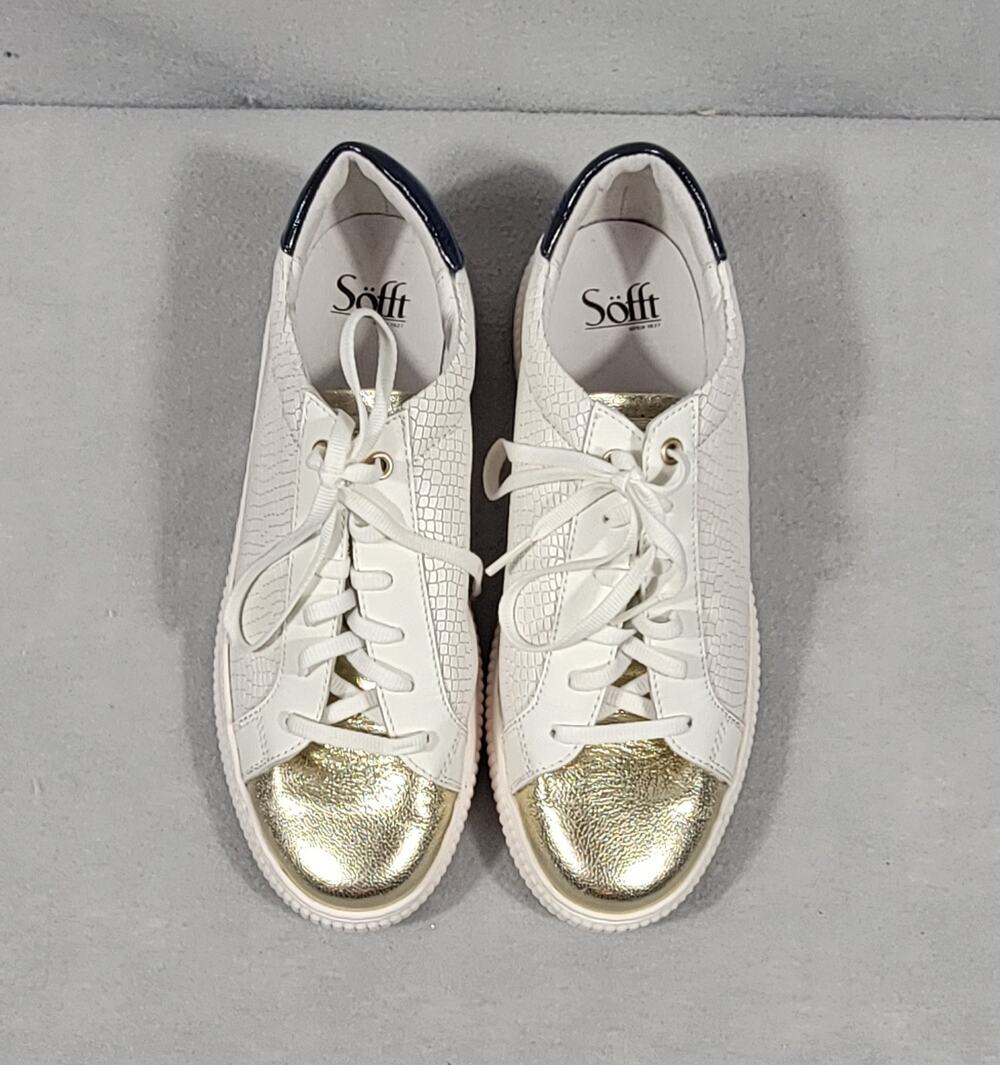 Sofft Fianna Leather Sneakers Size 10M White Gold Metallic Cap Toe Snake Texture